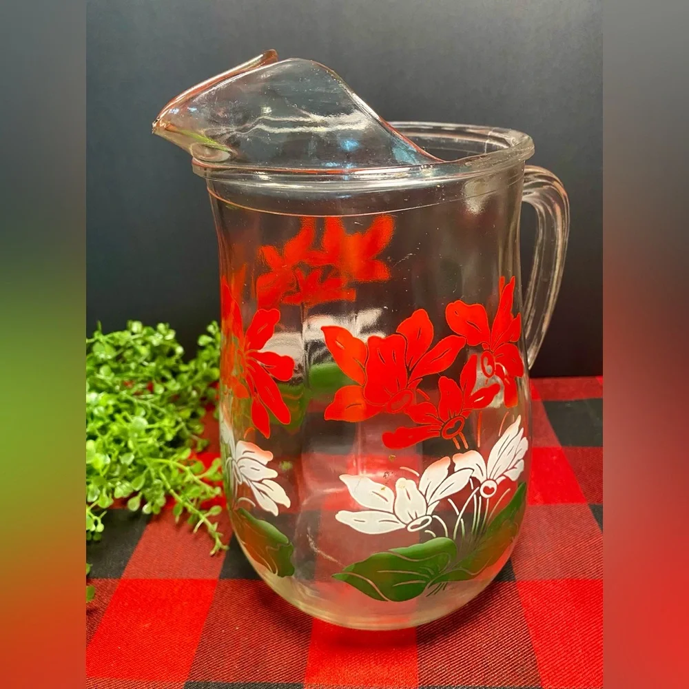 Vintage Glass Pitcher with Red‎ and White Flowers Design